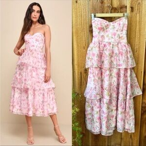Lulu's Light Pink Floral Organza Bustier Sweetheart Midi Dress 🌿